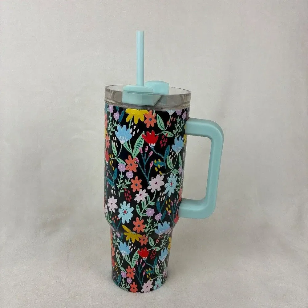 40oz Insulated Tumbler W/ Handle Lid Straw Blue Floral Wildflower Colorful